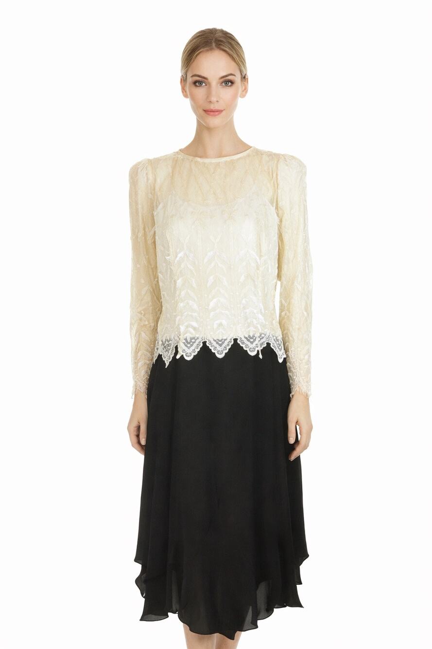 1980s Cachet by Bari Protas Ivory Lace & Black Chiffon Dress medium